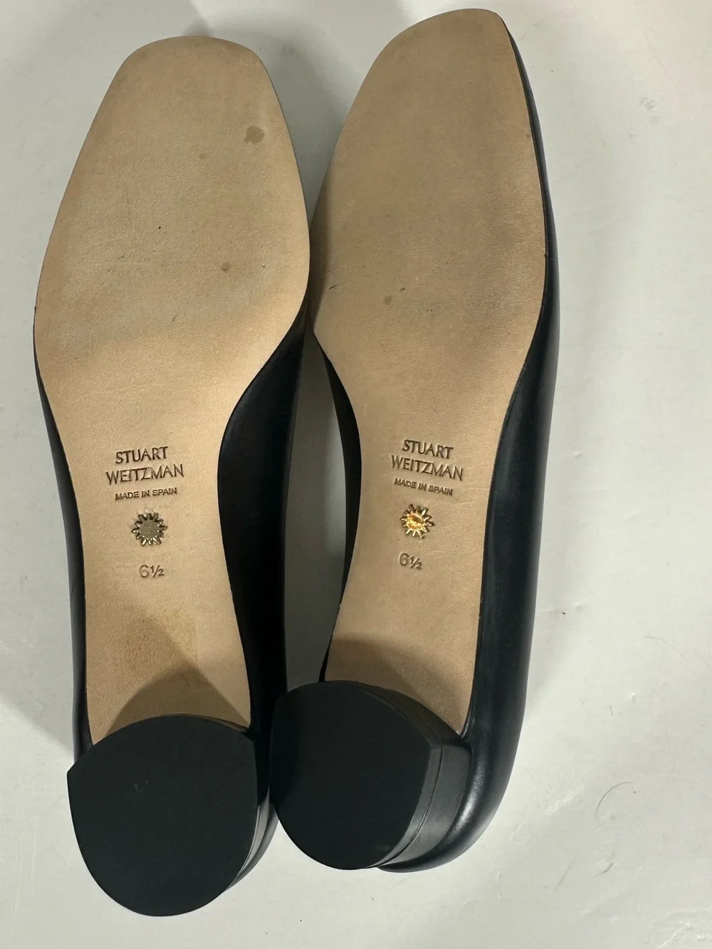 Stuart Weitzman 6.5 Anicia Black Leather Flats with Gold Buckle Accent